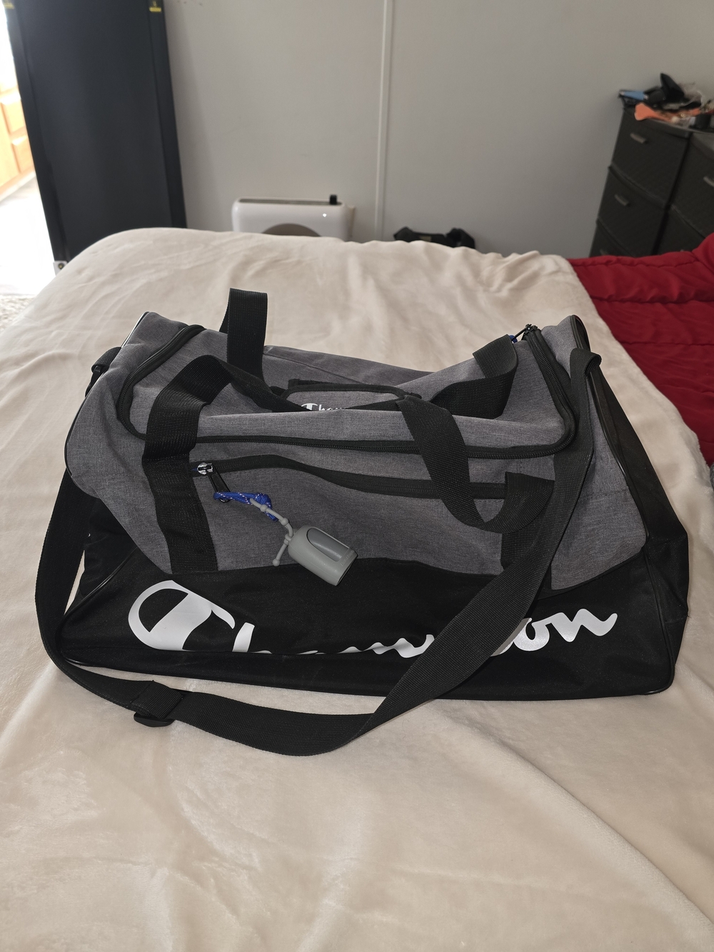Champion Gray and Black Men’s Duffel Bag with Shoulder Strap